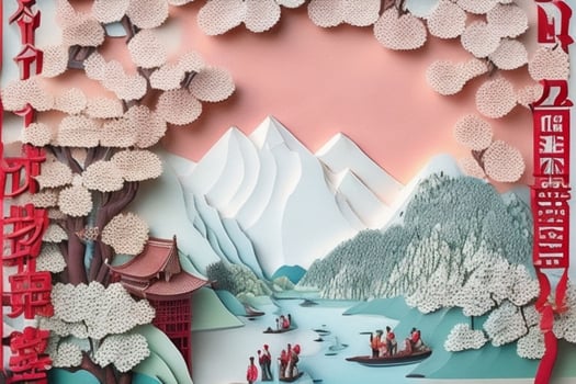 AI generated Paper cut style Chinese nature and landscape. Pro Photo
