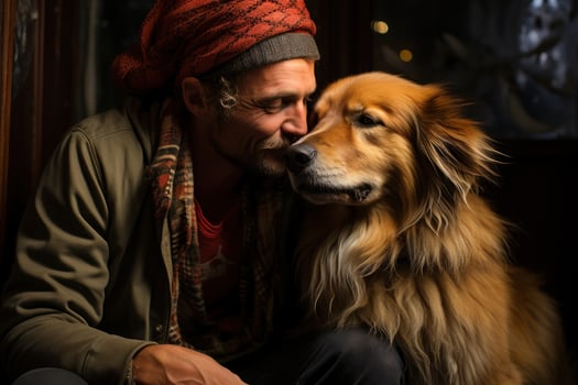 AI generated A man loves by kissing his golden retriever, pet photo