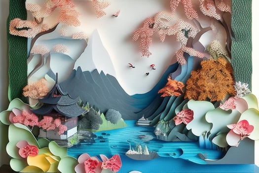 AI generated Japanese nature and landscape paper cut. Pro Photo