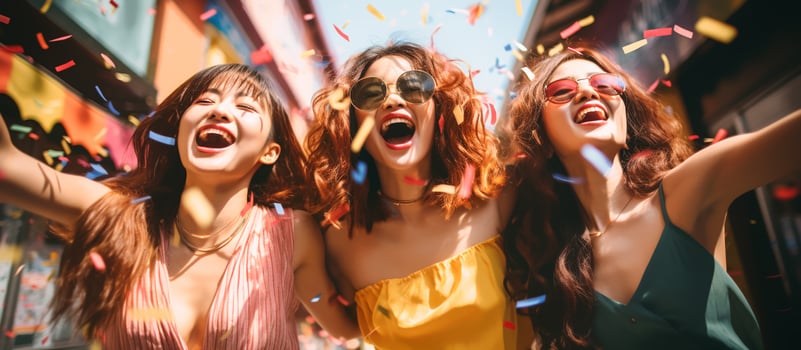 AI generated Celebrating happiness, young asia woman afro hair dancing with big smile throwing colorful confetti in festival Party photo