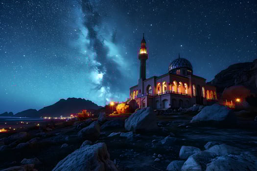 AI generated A Magnificent Mosque with a Beautiful Sky View at Sunset. Generative AI photo