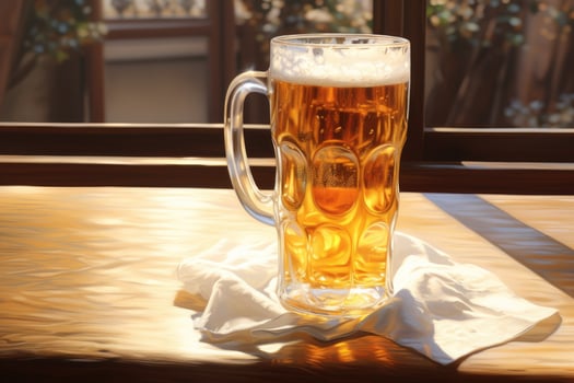 AI generated A glass of beer on a wooden table at night, A glass of beer on a Wooden table. Ai generated photo