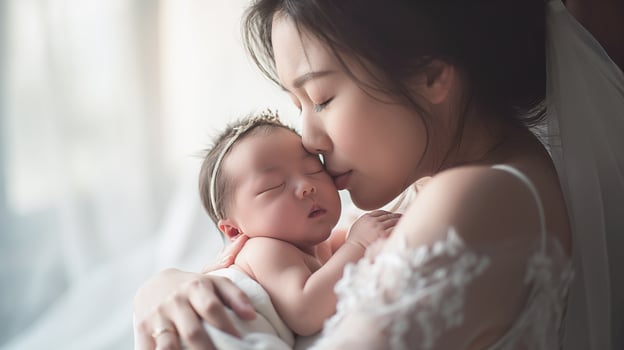 AI generated Child care with mother and her baby, Mother embracing her newborn, Health care and happy family concept, generative AI photo
