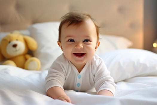 AI generated Little newborn baby boy smiling in crib photo