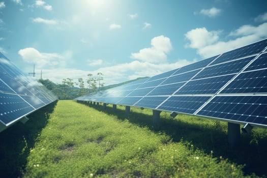 AI generated Solar panel on blue sky background. Panels installed in straight long rows. Green grass and cloudy sky. photo