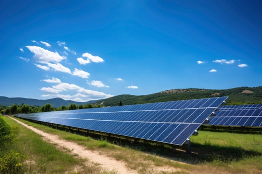 AI generated Solar panel on blue sky background. Panels installed in straight long rows. Green grass and cloudy sky. photo