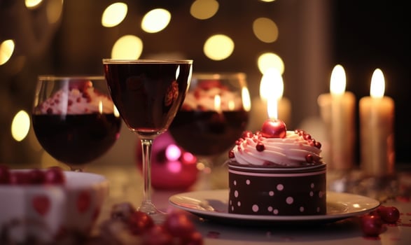 AI generated Delicious birthday cake with heart-shaped candles on table in room photo