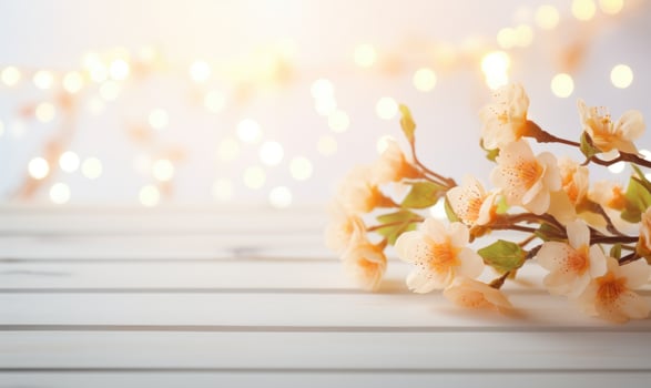 AI generated Wooden table with pink peach blossom flowers over blurred background. photo