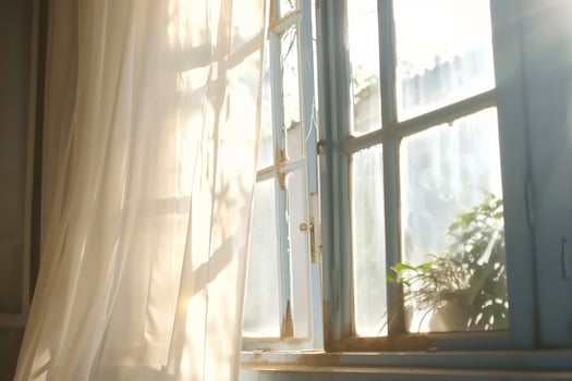 AI generated wind blows through the open window in the room. Waving white tulle near the window. Morning sun lighting the room, shadow background overlays. generative ai. photo