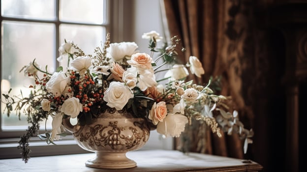 AI generated Floral arrangement with winter, autumn or early spring botanical plants and flowers photo