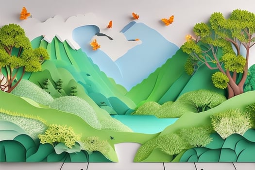 AI generated nature and landscape background paper cut style. Pro Photo