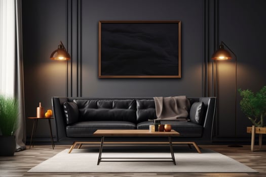 AI generated Sleek black sofa in a 3D rendered modern living room interior photo