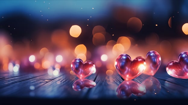 AI generated Hearts on blurred Background banner. Bokeh wallpaper. Love Concept. photo