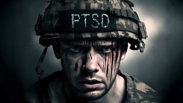 AI generated soldier with letters PTSD - post traumatic stress disorder - on his helmet, neural network generated art photo