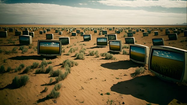 AI generated desert covered with old analog tv sets at summer daylight, neural network generated art photo