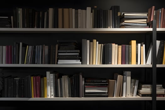 AI generated many books on shelf - full-frame view, neural network ai generated photo