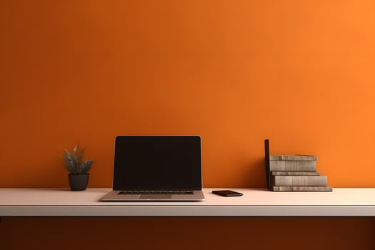 AI generated Laptop computer on desk in office in front of an orange wall, neural network generated image photo