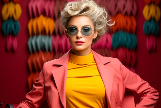 AI generated Woman in pink jacket and sunglasses on red background. Retro portrait of a woman wearing sunglasses. photo