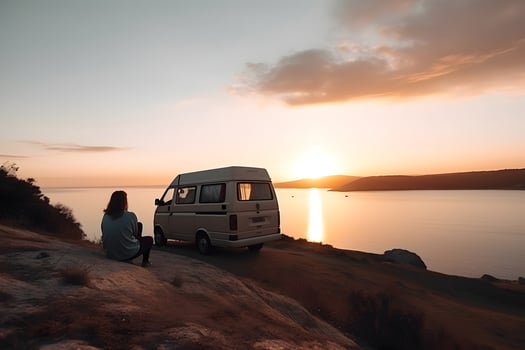 AI generated young adult woman sits on a hill above the sea next to her travel minivan vehicle at sunset, neural network generated picture photo