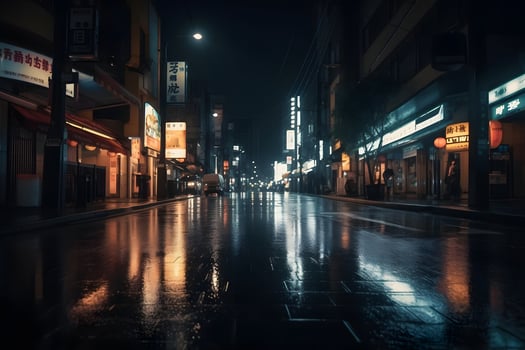 AI generated Tokyo streets at rainy night, neural network generated hyperrealistic image photo