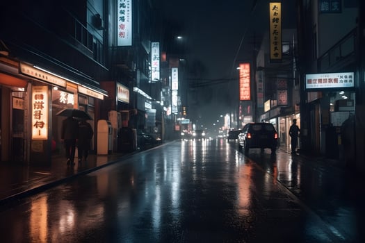 AI generated Tokyo streets at rainy night, neural network generated hyperrealistic image photo