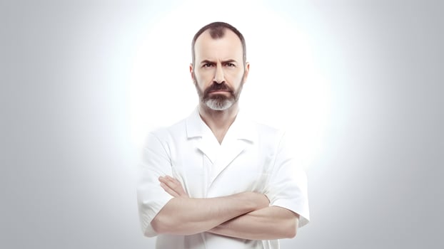 AI generated caucasian man in medical or chef uniform standing with his arms folded, neural network generated image photo
