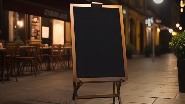 AI generated Blank black restaurant shop sign or menu board near the entrance of street cafe at night, neural network generated image photo