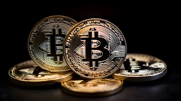 AI generated closeup view of few bitcoin shiners, neural network generated image photo