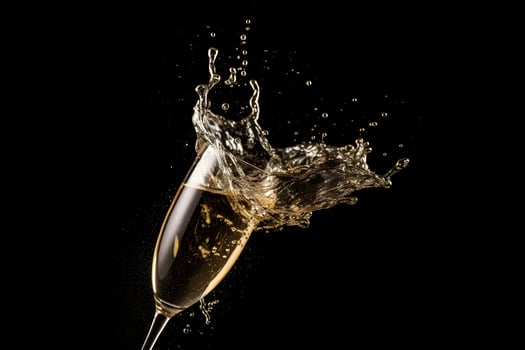 AI generated celebration theme with splashing champagne in a wineglass on black background, neural network generated photorealistic image photo