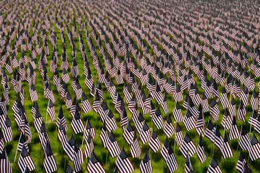 AI generated Memorial Day tribute. Many small American flags on a green lawn, neural network generated photorealistic image photo