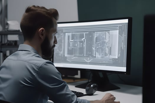 AI generated Over the Shoulder view of an Engineer Working with CAD Software using large computer screen, neural network generated photoreaslistic image photo