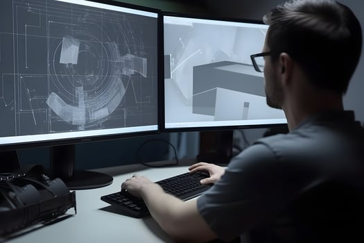 AI generated Over the Shoulder view of an Engineer Working with CAD Software using two large computer screens, neural network generated photoreaslistic image photo