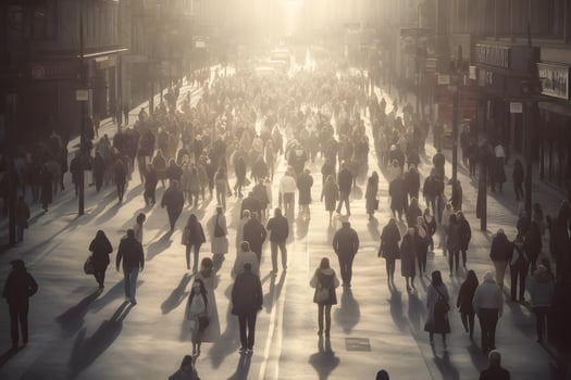 AI generated crowd of people walking on city street at foggy morning, neural network generated image photo