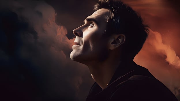 AI generated wishful thinking, portrt of young adult caucasian handsome man looking thoughtfully, neural network generated image photo