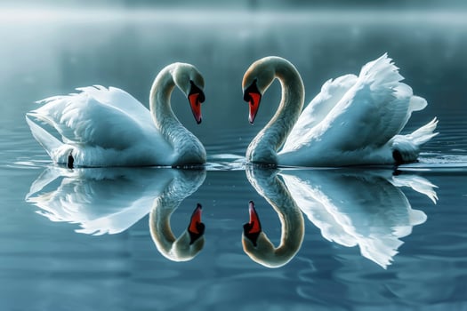 AI generated Romantic two swans. Water reflection on blue background. photo