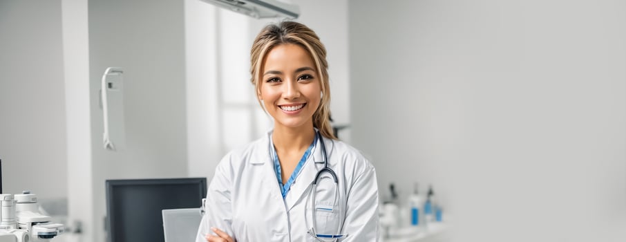 AI generated Beautiful smiling woman doctor in clinic photo
