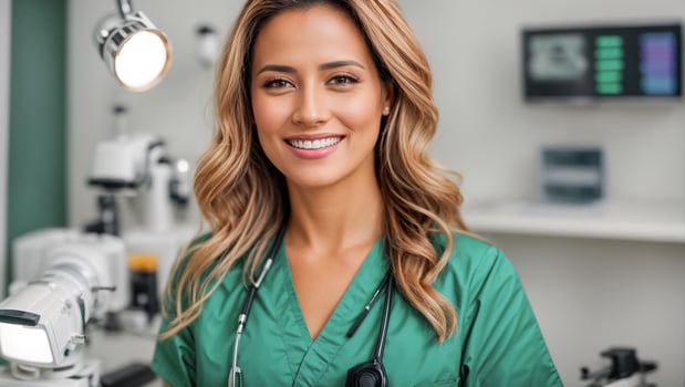 AI generated Beautiful smiling woman doctor in clinic photo