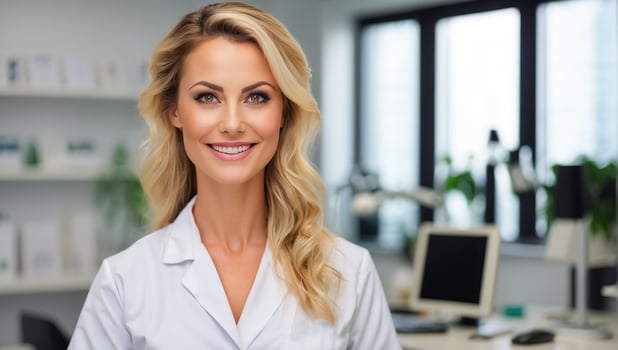 AI generated Beautiful smiling woman doctor in clinic photo
