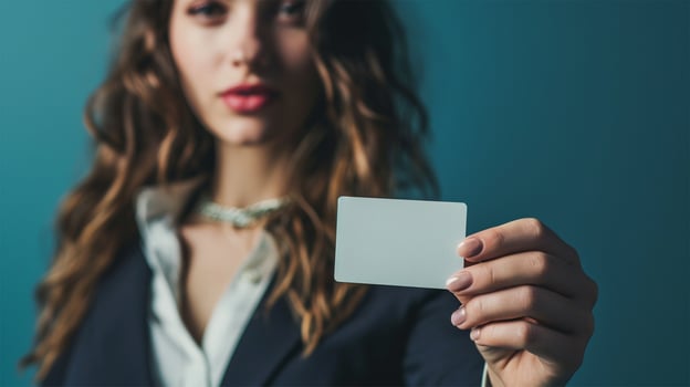 AI generated cropped shot of businesswoman holding blank business card photo