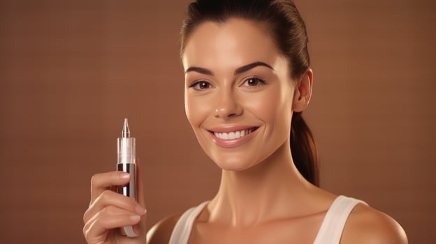 AI generated Beauty Regimen at Home. Dark-Haired Woman Applying Facial Serum, Expressing Satisfaction. Domestic Skincare for Wrinkle Control with Copy Space on Brown Background. photo