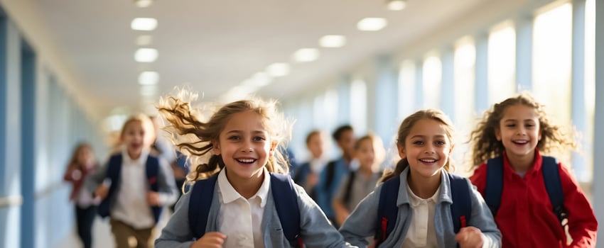 AI generated Happy schoolchildren running along the corridor photo