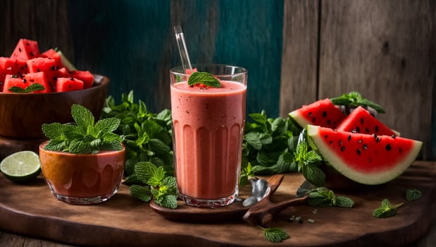 AI generated Watermelon and mint smoothie in the kitchen photo
