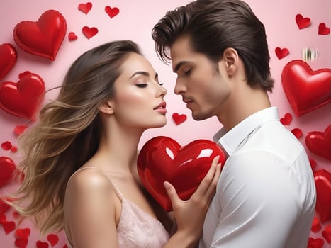 AI generated celebration for Valentine's Day with beautiful young woman holds a red heart in her hands photo