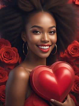 AI generated celebration for Valentine's Day with beautiful young woman holds a red heart in her hands photo