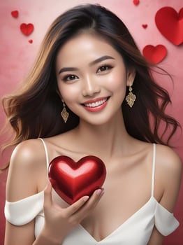 AI generated celebration for Valentine's Day with beautiful young woman holds a red heart in her hands photo