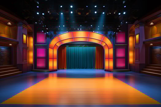 AI generated Theater stage light background with spotlight illuminated the stage for opera performance. Stage lighting. Empty stage with bright colors backdrop decoration. Entertainment show. photo
