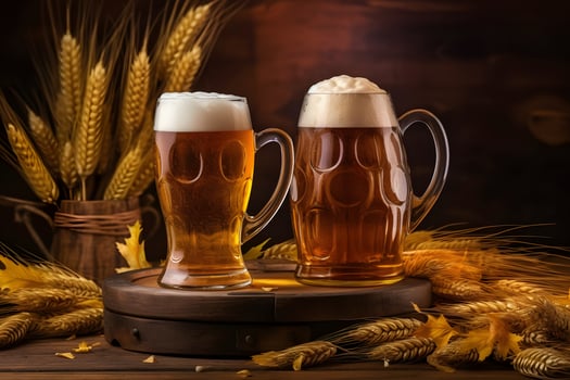 AI generated Oktoberfest beer glasses full of beer with wheat on wooden table, neural network generated photorealistic image photo