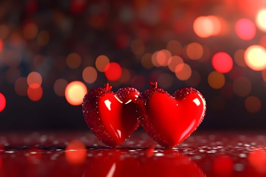 AI generated Saint Valentine day greeting card background with two red hearts against festive bokeh, neural network generated photorealistic image photo