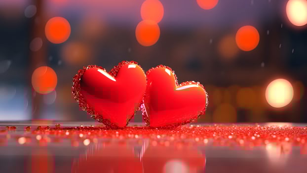 AI generated Saint Valentine day greeting card background with two red hearts against festive bokeh, neural network generated photorealistic image photo