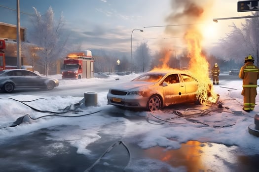 AI generated A car is on fire in a parking lot at winter day, neural network generated image photo